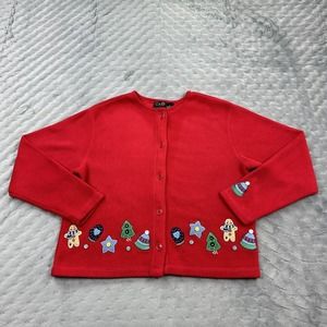 C&B Sport Sweater Womens Small Red Cardigan Fleece Christmas Reindeer Button 90s